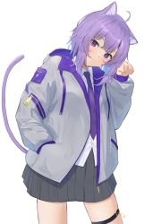 Rule 34 | 1girl, ahoge, animal ear fluff, animal ears, black skirt, blush, cat ears, cat girl, cat tail, cidersour, closed mouth, collared shirt, commentary request, cowboy shot, hand in pocket, head tilt, highres, hololive, hood, hood down, hooded jacket, jacket, long hair, long sleeves, looking at viewer, nail polish, necktie, nekomata okayu, open clothes, open jacket, paw pose, pleated skirt, puffy long sleeves, puffy sleeves, purple eyes, purple hair, purple nails, purple necktie, shirt, simple background, skirt, smile, solo, standing, tail, thigh strap, virtual youtuber, white background, white jacket, zipper