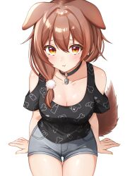 1girl :t animal_ears animal_print bare_shoulders black_shirt blue_shorts blush bone_print breasts brown_eyes brown_hair choker cleavage clothing_cutout commentary_request denim denim_shorts dog_ears dog_print dog_tail double-parted_bangs extra_ears hair_between_eyes hair_ornament hair_over_shoulder highres hololive inugami_korone inugami_korone_(loungewear) jewelry kamineko_(kamineko9675) large_breasts large_variant_set leaning_forward long_hair looking_at_viewer o-ring o-ring_choker off-shoulder_shirt off_shoulder official_alternate_costume official_alternate_hairstyle pendant pom_pom_(clothes) pom_pom_hair_ornament pout print_shirt shirt short_shorts shorts shoulder_cutout simple_background solo tail transparent_background variant_set virtual_youtuber