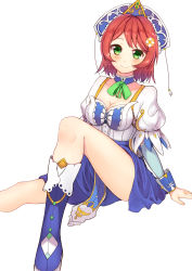 Rule 34 | 1girl, blue footwear, blue skirt, blush, boots, breasts, cleavage, green eyes, hair ornament, headwear request, highres, knee up, lisette (stella glow), looking at viewer, red hair, saito (pigrank), sitting, skirt, smile, solo, stella glow