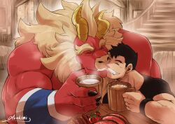 Rule 34 | 2boys, ^ ^, alcohol, bara, beard, beer, biceps, black hair, closed eyes, colored skin, cup, dragon horns, facial hair, foam mustache, forked eyebrows, furry, furry male, furry with non-furry, gardie (otsukimi), highres, holding, holding cup, horns, huge eyebrows, indoors, interspecies, kouhei (otsukimi), large hands, lion hair, male focus, multiple boys, muscular, muscular male, noses touching, nude, original, otsukimi, pectorals, red skin, shirt, short hair, sideburns, sideburns stubble, size difference, smile, steam, stubble, t-shirt, table, thick arms, thick eyebrows, tomato, upper body, wristband, yaoi