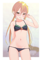 Rule 34 | 1girl, bed, bikini, black bikini, blonde hair, breasts, cowboy shot, crescent, crescent pin, hair between eyes, highres, indoors, kantai collection, long hair, looking at viewer, low twintails, navel, open mouth, sakieko, satsuki (kancolle), small breasts, smile, solo, swimsuit, twintails, yellow eyes