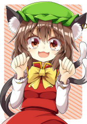 Rule 34 | 1girl, :3, animal ear fluff, animal ears, arms up, bow, bowtie, brown hair, cat ears, cat tail, chen, cowboy shot, earrings, fangs, green hat, hair between eyes, hat, jewelry, keyaki chimaki, long sleeves, looking at viewer, mob cap, multiple tails, open mouth, paw pose, red background, red eyes, red skirt, red vest, shirt, short hair, single earring, skirt, skirt set, solo, standing, striped, striped background, tail, touhou, vest, white shirt, yellow bow, yellow bowtie