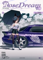 Rule 34 | 1girl, animal ears, black skirt, black thighhighs, boots, color guide, english text, exhaust pipe, floral background, full body, hand on own hip, hat, highres, holding, holding umbrella, horse ears, horse girl, horse tail, long hair, long sleeves, mazda, mazda rx-7, mazda rx-7 fd, motor vehicle, one eye covered, poster (medium), product placement, purple car, purple eyes, rice shower (umamusume), run rotary, shadow, shirt, simple background, skirt, solo, standing, tail, thighhighs, umamusume, umbrella, white background, white footwear, white shirt