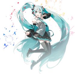 Rule 34 | 1girl, absurdly long hair, aqua eyes, aqua hair, aqua nails, aqua necktie, bare shoulders, beamed eighth notes, black skirt, black sleeves, black thighhighs, boots, confetti, detached sleeves, floating, full body, grey shirt, hair ornament, hand on headphones, hatsune miku, headphones, headset, high heels, highres, index finger raised, long hair, looking at viewer, miniskirt, musical note, nail polish, necktie, open mouth, piano print, pleated skirt, quarter note, rella, shirt, skindentation, skirt, sleeveless, sleeveless shirt, smile, solo, sparkle, thigh boots, thighhighs, transparent background, treble clef, twintails, very long hair, vocaloid, zettai ryouiki
