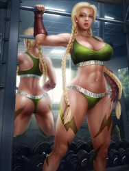 Rule 34 | 1girl, abs, ass, billygrilly, blonde hair, bra, cammy white, dumbbell, english text, green bra, green panties, highres, mirror, panties, sports bra, street fighter, twintails, underwear