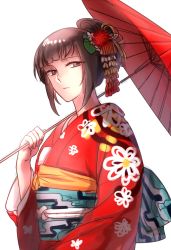 Rule 34 | 1girl, aken, brown eyes, brown hair, hair ornament, hair up, highres, japanese clothes, kimono, narberal gamma, overlord (maruyama), simple background, solo, umbrella, upper body, white background