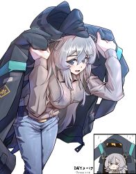 Rule 34 | 1girl, absurdres, arknights, belt, blue eyes, blush, borrowed clothes, cellphone, commentary request, dated, denim, feathered wings, feathers, gaoling gangqin, grey shirt, hair between eyes, head wings, highres, jeans, long hair, looking at viewer, mulberry (arknights), open mouth, pants, phone, phone in pocket, shirt, smartphone, solo, very long hair, white feathers, white hair, white wings, wings
