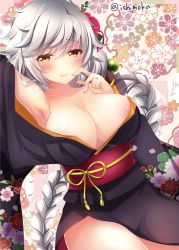 Rule 34 | 10s, 1girl, alternate costume, areola slip, armpits, asymmetrical hair, braid, breasts, cleavage, finger to mouth, floral background, floral print, flower, hair flower, hair ornament, ichiyou moka, japanese clothes, jewelry, kantai collection, kimono, large breasts, light smile, long hair, looking at viewer, no bra, no panties, obi, partially visible vulva, purple kimono, ring, sash, shiny skin, silver hair, single braid, smile, solo, twitter username, unryuu (kancolle), very long hair, wedding ring, yellow eyes