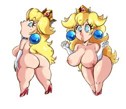 Rule 34 | 1girl, arm at side, ass, belly, blonde hair, blue eyes, breasts, clenched hands, collarbone, crown, earrings, elbow gloves, eyelashes, from behind, from side, gloves, hands up, high heels, jewelry, large breasts, large earrings, legs apart, legs together, long hair, looking back, mario (series), nintendo, nipples, no socks, nude, open mouth, parted lips, princess peach, red footwear, shortstack, simple background, solo, sphere earrings, standing, super mario rpg, theprincesskari, thick lips, thick thighs, thighs, white background, white gloves