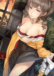 Rule 34 | 10s, 1girl, 2017, admiral (kancolle), aqua eyes, artist name, asdj, black hakama, black skirt, blush, breast hold, breasts, brown hair, cleavage, clothes down, clothes lift, collarbone, drill hair, dutch angle, embarrassed, gloves, hakama, hakama skirt, hatakaze (kancolle), highres, indoors, japanese clothes, kantai collection, kimono, large breasts, legs, lens flare, long sleeves, looking at viewer, meiji schoolgirl uniform, off shoulder, parted lips, short hair, shy, skirt, skirt lift, solo focus, standing, sunset, teeth, wavy hair, white gloves, wide sleeves, window, yellow kimono