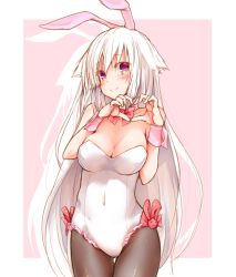 Rule 34 | 1girl, animal ears, black pantyhose, blush, bow, bowtie, breasts, cleavage, closed mouth, covered navel, cowboy shot, detached collar, fake animal ears, frilled leotard, frills, head tilt, heart, heart hands, leotard, long hair, looking at viewer, medium breasts, original, pantyhose, pink background, pink eyes, playboy bunny, rabbit ears, red bow, red bowtie, rinrin (927413), silhouette, silver hair, simple background, skin tight, smile, solo, standing, strapless, strapless leotard, tareme, thigh gap, very long hair, white leotard, wrist cuffs