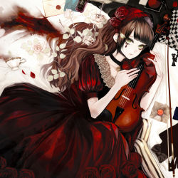Rule 34 | 1girl, bad id, bad pixiv id, bow, bow (music), brown hair, chess piece, choker, cup, dress, earrings, envelope, flower, goth fashion, green eyes, headdress, instrument, jewelry, long hair, original, red flower, red rose, rose, shikishima (eiri), solo, striped, teacup, teardrop, violin, white flower, white rose