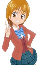 Rule 34 | 00s, 1girl, :d, bow, brown eyes, brown hair, eyelashes, futari wa precure, hand on own hip, long sleeves, looking at viewer, misumi nagisa, oimanji, open mouth, orange hair, precure, ribbon, school uniform, short hair, simple background, skirt, smile, solo, v, white background