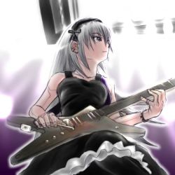 Rule 34 | 00s, 1girl, electric guitar, from below, guitar, hairband, instrument, nipple piercing, piercing, rozen maiden, silver hair, solo, star (guitar), suigintou, tank top
