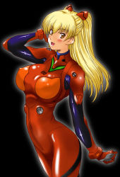 Rule 34 | 1girl, :d, adjusting hair, black background, blonde hair, blush, bodysuit, bracer, breasts, clenched hand, cosplay, covered erect nipples, curvy, eyebrows, from side, gloves, gradient background, hand up, happy, headgear, kamia (not found), large breasts, latex, legs together, long hair, looking at viewer, matsuoka kiyone, narrow waist, neon genesis evangelion, open mouth, orange eyes, original, outline, pilot suit, plugsuit, plugsuit (cosplay), shiny clothes, simple background, smile, solo, souryuu asuka langley, souryuu asuka langley (cosplay), turtleneck, two side up