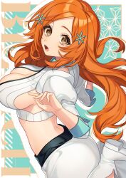 Rule 34 | 1girl, ass, bleach, bleach: sennen kessen-hen, breasts, brown eyes, cleavage, cleavage cutout, clothing cutout, copyright name, cropped shirt, detached sleeves, facing to the side, foot up, from side, hair ornament, hairpin, inoue orihime, karokuchitose, large breasts, long hair, looking at viewer, midriff, open mouth, orange hair, parted bangs, shirt, simple background, skirt, sleeveless, sleeveless shirt, solo, striped clothes, striped shirt, white footwear, white shirt, white skirt, white sleeves
