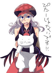 Rule 34 | 10s, 1girl, alisa ilinichina amiella, blue eyes, blush, boots, breasts, cat, elbow gloves, female focus, fingerless gloves, gloves, god eater, god eater burst, hat, hug, ishiwari, large breasts, long hair, navel, open mouth, pantyhose, plaid, silver hair, simple background, skirt, solo, suspender skirt, suspenders, thigh boots, thighhighs, white background, wings