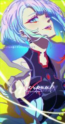 Rule 34 | 1girl, artist name, bare shoulders, blunt bangs, breasts, copyright name, criis-chan, cyberpunk (series), cyberpunk edgerunners, green eyes, grey hair, jacket, large breasts, lucy (cyberpunk), open mouth, smile, solo, teeth, upper body, upper teeth only, yellow background, yellow jacket