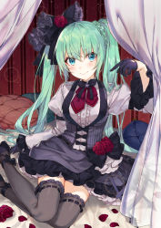 Rule 34 | 1girl, black gloves, black thighhighs, commentary, curtains, cushion, feet out of frame, gloves, goth fashion, green eyes, green hair, hatsune miku, hatsune miku graphy collection, indoors, long hair, looking at viewer, petals, shirako miso, sitting, skirt, smile, solo, thighhighs, twintails, very long hair, vocaloid, yokozuwari
