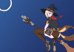 Rule 34 | 1girl, ass, bad id, bad pixiv id, blonde hair, blue eyes, book, breasts, broom, broom riding, brown thighhighs, cleavage, commentary request, earrings, elbow gloves, from behind, full body, gloves, gradient background, halloween, halloween costume, hat, highres, jewelry, looking at viewer, looking back, mercy (overwatch), no wings, official alternate costume, open mouth, overwatch, overwatch 1, p3rt (pertment), short sleeves, simple background, solo, thighhighs, witch, witch hat, witch mercy