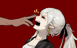 Rule 34 | &gt; &lt;, 1girl, black jacket, d:, dark skin, earrings, gogalking, highres, jacket, jewelry, long hair, open mouth, out of frame, poking nose, ponytail, profile, red background, shirt, simple background, solo focus, tears, white hair, white shirt