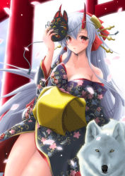 Rule 34 | 1girl, :o, blush, bow, breasts, cleavage, collarbone, commentary request, fate/grand order, fate (series), floral print, hair bow, hair ornament, hair stick, holding, holding mask, horns, japanese clothes, k mazumi, kimono, large breasts, long hair, looking at viewer, mask, off shoulder, oiran, oni horns, petals, red bow, red eyes, red horns, silver hair, slit pupils, solo, tomoe gozen (fate), torii, very long hair, wolf