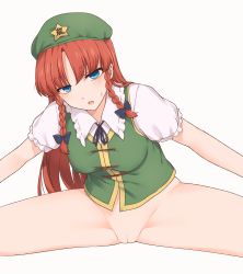 Rule 34 | 1girl, beret, black bow, blue eyes, bottomless, bow, braid, breasts, censored, cleft of venus, commentary request, frilled shirt collar, frills, green hat, green vest, hair bow, hat, hat ornament, highres, hong meiling, long hair, looking at viewer, medium breasts, miyo (ranthath), mosaic censoring, open mouth, pussy, red hair, shirt, short sleeves, simple background, solo, split, spread legs, star (symbol), star hat ornament, thighs, touhou, twin braids, vest, white background, white shirt