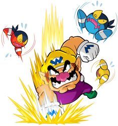 Rule 34 | 1boy, absurdres, cleft chin, facial hair, flying sweatdrops, gloves, green footwear, grin, hat, highres, motion lines, mustache, nintendo, official art, overalls, pointy ears, punching, purple overalls, shirt, smile, third-party source, wario, wario land, wario land: shake it!, white gloves, yellow eyes, yellow hat, yellow shirt