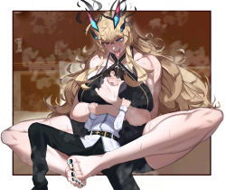 Rule 34 | 1boy, 1girl, big hair, bike shorts, blonde hair, breasts, brown hair, chaldea uniform, commission, barghest (fate), fate/grand order, fate (series), feet, femdom, foot focus, fujimaru ritsuka (male), green eyes, height difference, heterochromia, horns, huge breasts, kikimifukuri, long hair, muscular, muscular female, nail polish, pants, red eyes, saliva, saliva trail, scared, sitting, size difference, skeb commission, sweat, tall female, tongue, tongue out, wide-eyed