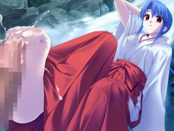 Rule 34 | 1girl, barefoot, blue hair, blush, censored, cum, cum on body, cum on feet, ejaculation, erection, feet, foot up, footjob, japanese clothes, kimono, leg up, miko, open mouth, purple eyes, rock, sitting, soles, sweat, sweatdrop, toe scrunch, toes, underbar summer, water, waterfall, wet, wet clothes