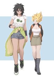 Rule 34 | 2girls, boots, breasts, broly (dragon ball super), cleavage, dark-skinned female, dark skin, dragon ball, hands in pockets, highres, jacket, kkkkkirrier, large breasts, multiple girls, robe, scar, shirt, shoes, shorts, simple background, skirt, son goku, tall female, wristband