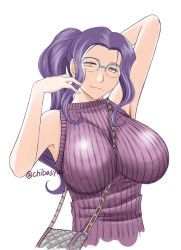 Rule 34 | 1girl, arm up, armpits, bag, between breasts, breasts, brown eyes, chiba shuusaku, female focus, glasses, handbag, impossible clothes, impossible sweater, kyuujou lovers, large breasts, long hair, mature female, mole, mole under mouth, motomachi shouko, over-rim eyewear, ponytail, portrait, purple hair, ribbed sweater, semi-rimless eyewear, sidelocks, simple background, smile, solo, strap between breasts, sweater, sweater vest, upper body