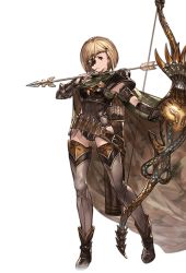 Rule 34 | 10s, 1girl, alpha transparency, arrow (projectile), bandolier, blonde hair, bob cut, boots, bow (weapon), brown eyes, cape, djeeta (granblue fantasy), eyepatch, full body, granblue fantasy, holding, holding weapon, leotard, minaba hideo, mouth hold, official art, quiver, short hair, sidewinder (granblue fantasy), solo, thighhighs, transparent background, weapon