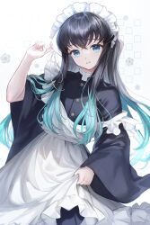 Rule 34 | 1boy, alternate costume, androgynous, apron, apron hold, aqua eyes, aqua hair, bishounen, black hair, black jacket, commentary request, cowboy shot, crossdressing, enmaided, frilled apron, frills, gradient hair, hand up, high collar, highres, jacket, kimetsu no yaiba, long hair, long sleeves, looking at viewer, maid, maid apron, maid headdress, male focus, male maid, mugimochi (mg mochi3), multicolored hair, parted lips, sidelocks, solo, standing, strap slip, tokitou muichirou, two-tone hair, white apron, white background, wide sleeves