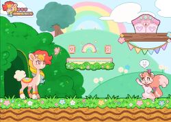 animal animal_focus colorful commentary doekis ear_flower english_commentary fake_screenshot flower gameplay_mechanics giraffe grass highres kissy_(doekis) multicolored_hair no_humans original outdoors pixel_art platform rainbow rainbow_hair sky smile speech_bubble standing tail tail_flower tail_ornament waving yume_kawaii