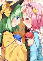 Rule 34 | 2girls, anzu ame, black hat, blue eyes, blush, bow, face-to-face, fever, frilled shirt collar, frilled sleeves, frills, from side, green hair, hand to forehead, hat, hat bow, komeiji koishi, komeiji satori, liquid-in-glass thermometer, long sleeves, multiple girls, pink eyes, pink hair, profile, siblings, sick, sisters, smile, thermometer, third eye, touhou, upper body, wide sleeves, yellow bow