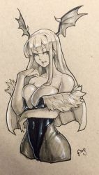 Rule 34 | 1girl, bare shoulders, breasts, breasts squeezed together, bridal gauntlets, cleavage, cropped legs, demon girl, elbow gloves, eu03, female focus, gloves, head wings, large breasts, leotard, licking lips, lips, long hair, marker (medium), monochrome, morrigan aensland, nose, pantyhose, scan, solo, strapless, strapless leotard, thong leotard, tongue, tongue out, traditional media, upper body, vampire (game), wings