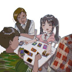 Rule 34 | 1girl, 3boys, bad id, bad twitter id, black hair, blouse, blue-eyes white dragon, brown hair, camouflage, camouflage shirt, chair, chromatic aberration, glasses, grin, hair ornament, hairclip, multiple boys, nenoyonen, open mouth, original, otaku, pink shirt, plaid, plaid shirt, playing games, puffy short sleeves, puffy sleeves, shirt, short sleeves, simple background, smile, table, trading card, twintails, vest, white background, yu-gi-oh!