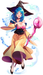 Rule 34 | 1girl, :d, apple972, bare shoulders, blue eyes, blue hair, breasts, detached sleeves, dress, full body, hand on own chest, hat, highres, inzup, large breasts, long hair, long skirt, looking at viewer, magi the labyrinth of magic, matching hair/eyes, open mouth, shell, shell bikini, skirt, smile, solo, staff, water, wide sleeves, witch hat, yamuraiha