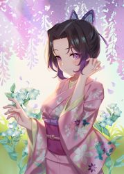 Rule 34 | 1girl, black hair, blush, breasts, butterfly hair ornament, closed mouth, floral background, floral print, flower, flower request, gradient hair, hair ornament, tucking hair, highres, japanese clothes, kimetsu no yaiba, kimono, kochou shinobu, littleamber, long sleeves, looking at viewer, multicolored hair, obi, outstretched hand, parted bangs, petals, pink kimono, purple eyes, purple hair, sash, smile, solo, sunlight, upper body, wisteria
