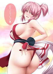 Rule 34 | 1girl, arm guards, ass, bare hips, breasts, butt crack, folded fan, cosplay, fatal fury, folding fan, hand fan, high ponytail, highres, holding, holding fan, large breasts, ninja, nori tamago, pelvic curtain, pink hair, ponytail, red eyes, revealing clothes, rope, saigyouji yuyuko, shiranui mai, shiranui mai (cosplay), short hair, sideboob, solo, the king of fighters, thong, touhou, wedgie