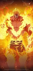 Rule 34 | 1boy, commentary, company name, copyright name, copyright notice, element bending, embers, english commentary, escanor, facial hair, fiery aura, fiery beard, fiery clothing, fiery hair, fire, flaming arm, flaming eyes, flaming hand, flaming head, highres, looking at viewer, magic, muscular, mustache, nanatsu no taizai grand cross, official art, official wallpaper, pants, pyrokinesis, short hair, smile, smirk, solo