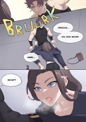 Rule 34 | 1boy, 1girl, abs, absurdres, bag, band-width, blue eyes, breath, brown hair, bulge, collarbone, earrings, english text, fallen down, handbag, highres, jewelry, open mouth, original, side ponytail, sound effects, speech bubble, yellow eyes