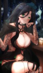 Rule 34 | 1girl, absurdres, algorhythm project, black hair, black shirt, black shorts, blush, breasts, closed mouth, crop top, evalia (algorhythm project), fishnets, green eyes, green hair, highres, large breasts, long hair, midriff, navel, ratmilktea, shirt, shorts, smile, solo, stomach, virtual youtuber