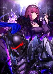 Rule 34 | 1boy, 1girl, armor, arondight (fate), bad id, bad pixiv id, berserker (fate/zero), breasts, cleavage, crystal, dress, fate/grand order, fate/zero, fate (series), feather trim, full armor, glowing, hair between eyes, hand up, headpiece, helm, helmet, holding, holding sword, holding wand, holding weapon, long sleeves, looking at viewer, parted lips, plume, purple dress, purple hair, red eyes, scathach (fate), scathach skadi (fate), sidelocks, small breasts, sword, wand, weapon, wide sleeves, yukihama
