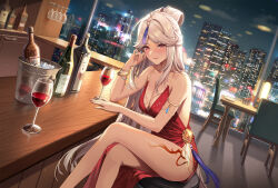 Rule 34 | 1girl, alcohol, armlet, bare arms, bare legs, bare shoulders, blush, bottle, bracelet, breasts, bucket, chair, city, cleavage, commentary request, crossed legs, cup, dress, drinking glass, dutch angle, feet out of frame, genshin impact, hand up, highres, ice, ice cube, jewelry, long hair, looking at viewer, medium breasts, ningguang (genshin impact), no-ba, red dress, red eyes, sitting, sleeveless, sleeveless dress, solo, table, thighs, very long hair, white hair, wine, wine glass