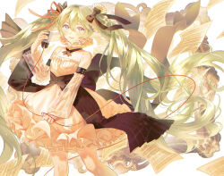 Rule 34 | 1girl, :d, absurdres, bare shoulders, bow, detached sleeves, dress, frilled dress, frills, green eyes, green hair, hair bow, hamuna (hamuna 86), hatsune miku, highres, holding, holding microphone, microphone, open mouth, see-through, see-through sleeves, sheet music, smile, solo, twintails, vocaloid, white dress, wire