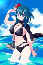Rule 34 | 1girl, arm up, bikini, black bikini, blue eyes, blue hair, breasts, byleth (female) (fire emblem), byleth (fire emblem), cleavage, fire emblem, fire emblem: three houses, fire emblem heroes, flower, gold necklace, hair flower, hair ornament, hibiscus, highres, in water, jewelry, kashii kaoru, large breasts, looking at viewer, medium hair, midriff, necklace, nintendo, official alternate costume, red flower, solo, swimsuit