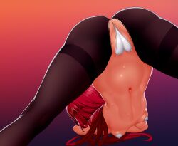 Rule 34 | 1girl, aged down, all fours, alternate costume, ass, bent over, black pantyhose, commentary, english commentary, erza scarlet, fairy tail, from behind, from below, head on arm, heart maebari, heart pasties, jack-o&#039; challenge, legs, long hair, lucknight, maebari, meme attire, midriff, navel, nude, pantyhose, pasties, red hair, reverse bunnysuit, reverse outfit, solo, stomach, thighs, top-down bottom-up, very long hair