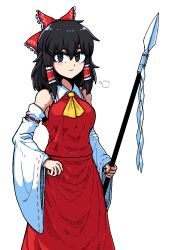 Rule 34 | 1girl, puff of air, armpits, ascot, black hair, bow, collar, collared shirt, detached sleeves, formicid, frilled bow, frilled collar, frills, grey eyes, hair between eyes, hair bow, hair tubes, hakurei reimu, jaggy lines, korean commentary, long hair, nontraditional miko, oekaki, polearm, red bow, red shirt, red skirt, ribbon-trimmed sleeves, ribbon trim, shide, shirt, simple background, skirt, sleeveless, sleeveless shirt, solo, spear, touhou, weapon, wide sleeves, yellow ascot